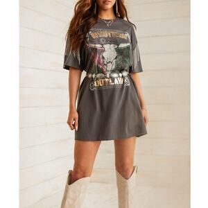 Sterling & Stitch Western Outlaw Graphic T-Shirt Dress Metal Fringe Size Med EUC